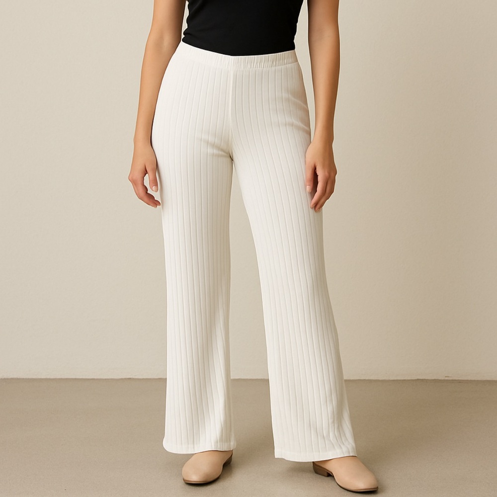 H&M White Ribbed Wide-Leg Pants XXL Cream